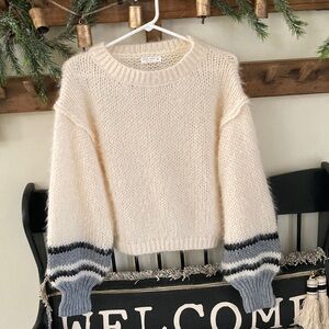 Blank NYC Cream Sweater with Gray and Black Striped Sleeves
